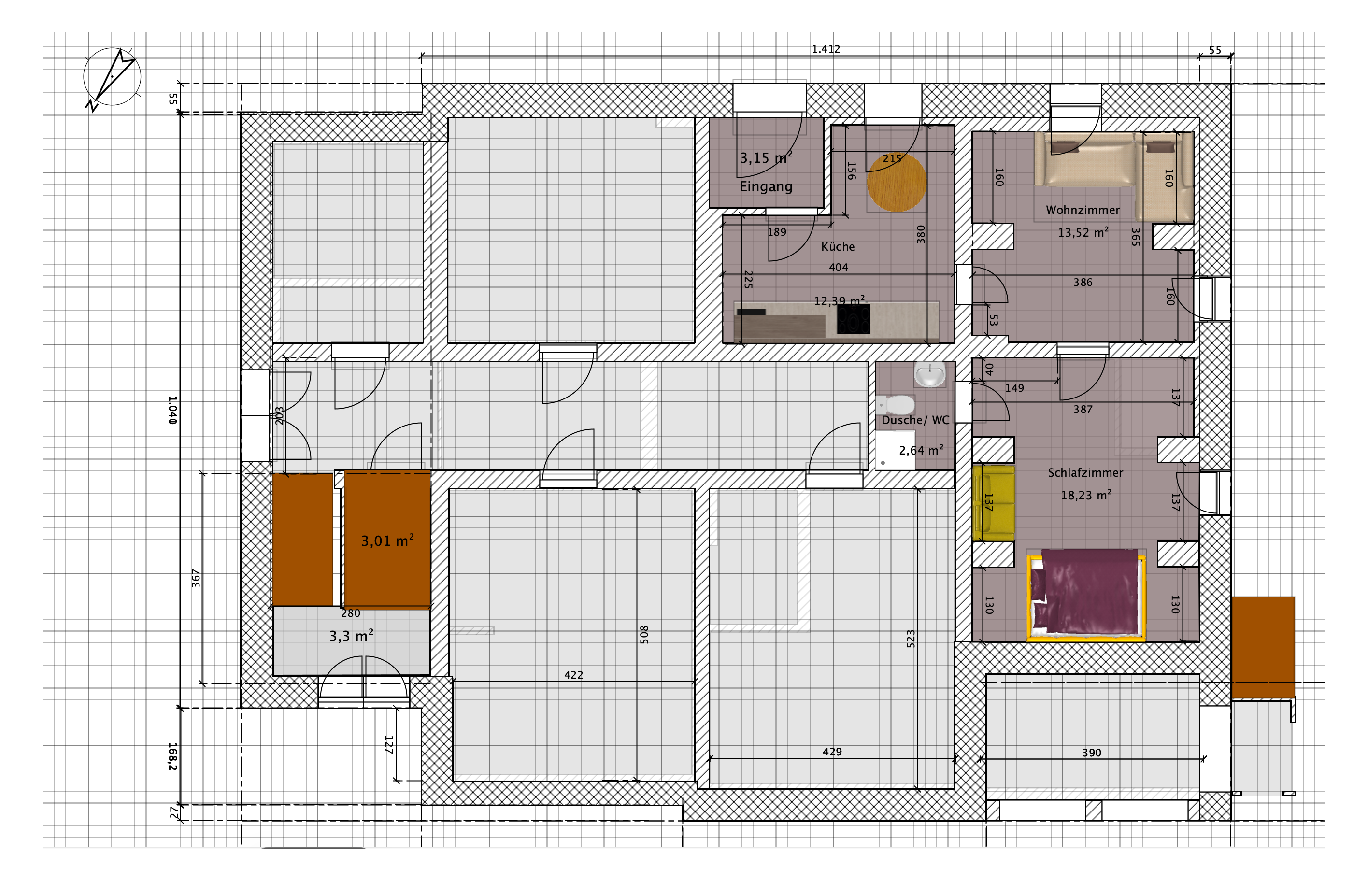 Grundriss der 53 m² großen Unterkunft Boho & Loft mit Eingang, Küche, Wohnzimmer, Schlafzimmer und Duschbad